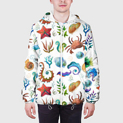 Куртка с капюшоном мужская Морской паттерн с крабами и водорослями, цвет: 3D-белый — фото 2