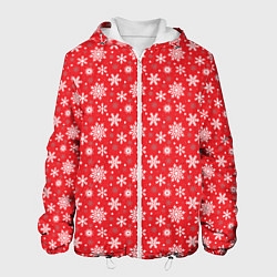Куртка с капюшоном мужская Снежинки красный фон, цвет: 3D-белый