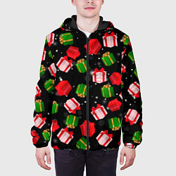Куртка с капюшоном мужская Новогодние паттерн подарков, цвет: 3D-черный — фото 2