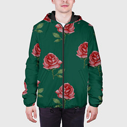 Куртка с капюшоном мужская Ярко красные розы на темно-зеленом фоне, цвет: 3D-черный — фото 2