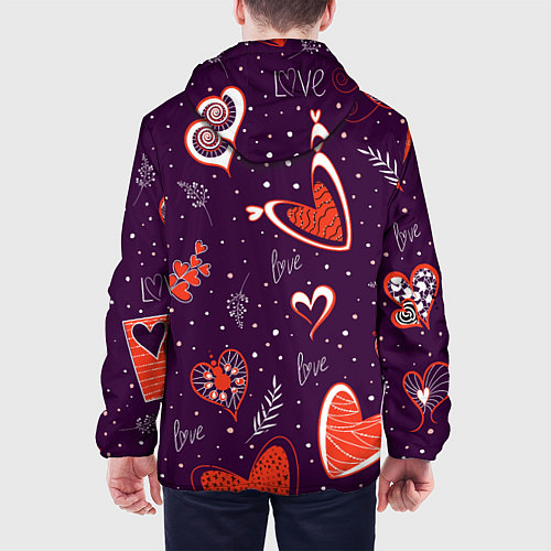 Мужская куртка Красно-белые сердечки и слово love на темно фиолет / 3D-Черный – фото 4