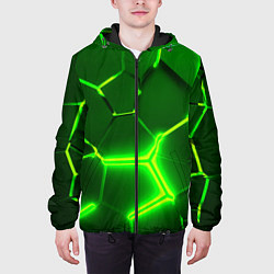 Куртка с капюшоном мужская 3D ПЛИТЫ НЕОН NEON GREEN HEXAGON РАЗЛОМ, цвет: 3D-черный — фото 2