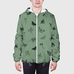 Куртка с капюшоном мужская Цветочки и бабочки на зеленом фоне, цвет: 3D-белый — фото 2