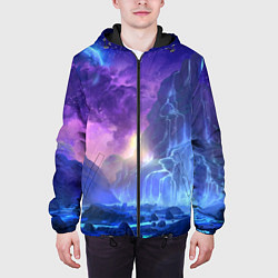 Куртка с капюшоном мужская Фантастический пейзаж Водопад Неон, цвет: 3D-черный — фото 2