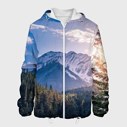 Куртка с капюшоном мужская Горы Лес Солнце, цвет: 3D-белый