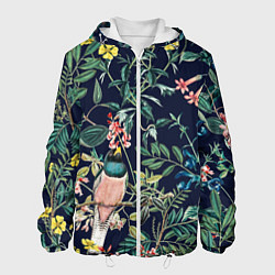 Куртка с капюшоном мужская Цветы и Розовые Птицы В Саду, цвет: 3D-белый