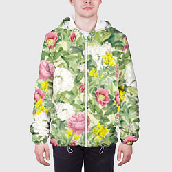 Куртка с капюшоном мужская Цветы Белые и Розовые Пионы, цвет: 3D-белый — фото 2