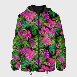 Куртка с капюшоном мужская Тропические листья и цветы на черном фоне, цвет: 3D-черный