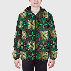 Куртка с капюшоном мужская Золотые и зеленые квадраты абстракция, цвет: 3D-черный — фото 2