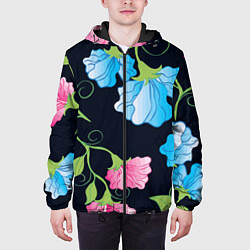Куртка с капюшоном мужская Яркие удивительные цветы в летней ночи, цвет: 3D-черный — фото 2