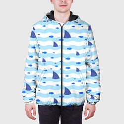 Куртка с капюшоном мужская Волны, рыбки и плавники акул - паттерн, цвет: 3D-черный — фото 2