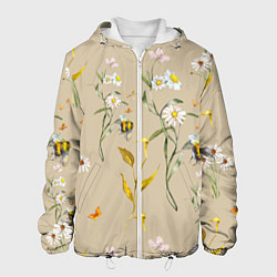 Куртка с капюшоном мужская Нарисованные Цветы Ромашки и Пчёлы, цвет: 3D-белый