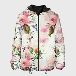 Куртка с капюшоном мужская Цветы Нарисованные Магнолии и Разноцветные Птицы, цвет: 3D-черный