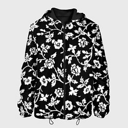 Куртка с капюшоном мужская Белые цветы на чёрном фоне Белые цветы на чёрном ф, цвет: 3D-черный