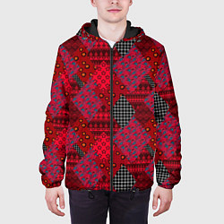 Куртка с капюшоном мужская Красный лоскутный узор пэчворк, цвет: 3D-черный — фото 2