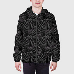 Куртка с капюшоном мужская Белые контуры тропических листьев на черном, цвет: 3D-черный — фото 2