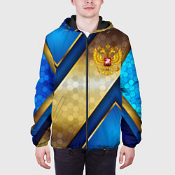 Куртка с капюшоном мужская Золотой герб России на синем объемном фоне, цвет: 3D-черный — фото 2