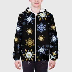 Куртка с капюшоном мужская Новый год снежинки на чёрном фоне, цвет: 3D-белый — фото 2