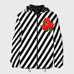 Куртка с капюшоном мужская Черно-белые полоски с букетом роз, цвет: 3D-черный