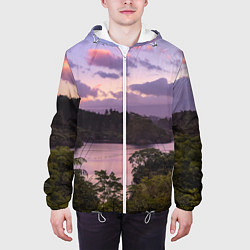 Куртка с капюшоном мужская Пейзаж вечерней реки и леса, цвет: 3D-белый — фото 2
