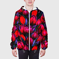 Куртка с капюшоном мужская Тюльпаны - поле красных цветов, цвет: 3D-белый — фото 2