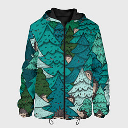 Куртка с капюшоном мужская Ежи в еловом лесу, цвет: 3D-черный