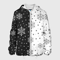 Куртка с капюшоном мужская Рождественские снежинки на черно-белом фоне, цвет: 3D-белый