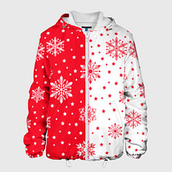 Куртка с капюшоном мужская Рождественские снежинки на красно-белом фоне, цвет: 3D-белый