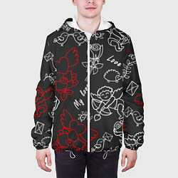 Куртка с капюшоном мужская Летающие сердца купидоны розы на черном фоне, цвет: 3D-белый — фото 2