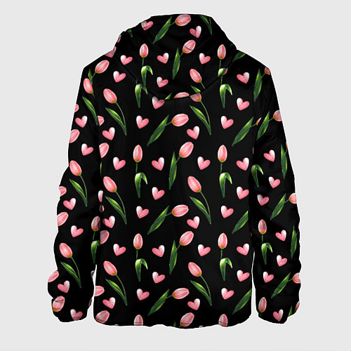 Мужская куртка Тюльпаны и сердечки на черном - паттерн / 3D-Черный – фото 2
