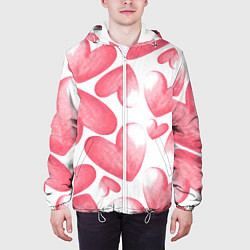 Куртка с капюшоном мужская Розовые акварельные сердца - паттерн, цвет: 3D-белый — фото 2