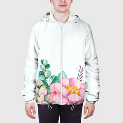 Куртка с капюшоном мужская Цветы нарисованные акварелью - снизу, цвет: 3D-белый — фото 2