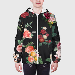 Куртка с капюшоном мужская Букеты цветов на черном фоне, цвет: 3D-белый — фото 2
