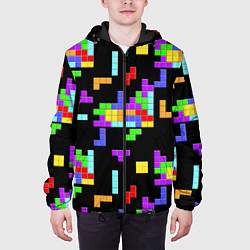 Куртка с капюшоном мужская Неоновый тетрис на темном фоне, цвет: 3D-черный — фото 2