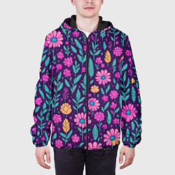 Куртка с капюшоном мужская Цветочный паттерн розовые ромашки, цвет: 3D-черный — фото 2