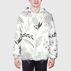 Куртка с капюшоном мужская Зайцы и растения паттерн, цвет: 3D-белый — фото 2