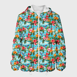 Куртка с капюшоном мужская Гавайские цветочки паттерн, цвет: 3D-белый