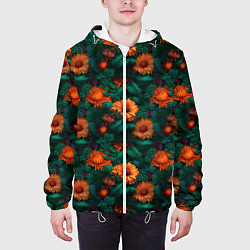 Куртка с капюшоном мужская Оранжевые цветы и зеленые листья, цвет: 3D-белый — фото 2