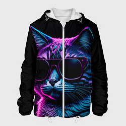Куртка с капюшоном мужская Неоновый котик в очках, цвет: 3D-белый