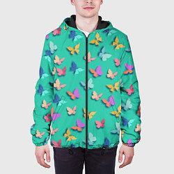 Куртка с капюшоном мужская Разноцветные бабочки, цвет: 3D-черный — фото 2