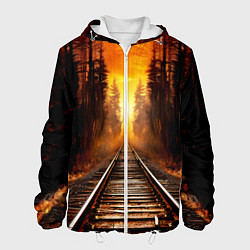 Куртка с капюшоном мужская Железная дорога на закате, цвет: 3D-белый