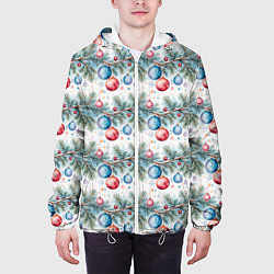 Куртка с капюшоном мужская Узор из елочных шаров на ветке, цвет: 3D-белый — фото 2