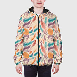 Куртка с капюшоном мужская Разноцветные перья узор, цвет: 3D-черный — фото 2