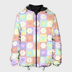 Куртка с капюшоном мужская Сердечки и цветочки в пастельных квадратах, цвет: 3D-черный