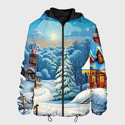 Куртка с капюшоном мужская Зимний домик и елка, цвет: 3D-черный