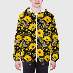 Куртка с капюшоном мужская Желтые цветы на черном фоне паттерн, цвет: 3D-белый — фото 2
