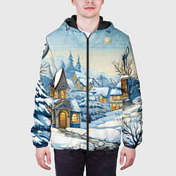 Куртка с капюшоном мужская Новогодний город иллюстрация, цвет: 3D-черный — фото 2