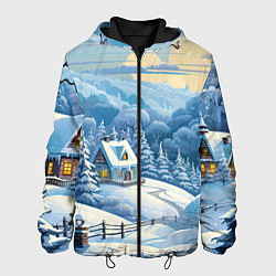 Куртка с капюшоном мужская Зима в деревне, цвет: 3D-черный
