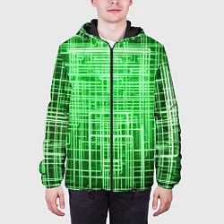 Куртка с капюшоном мужская Зелёные неоновые полосы киберпанк, цвет: 3D-черный — фото 2