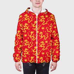 Куртка с капюшоном мужская Золотые драконы на красном фоне, цвет: 3D-белый — фото 2